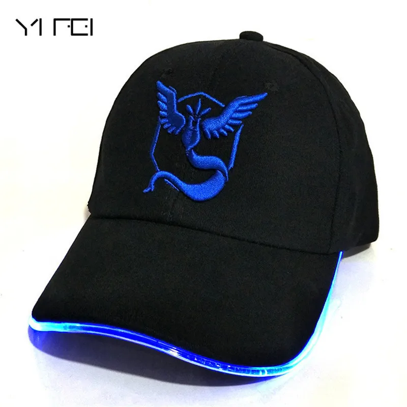 

LED 100% Cotton Pocket Monster luminous hat for Women Mens Cartoon embroidered hip hop cap Pokemon GO Baseball Caps