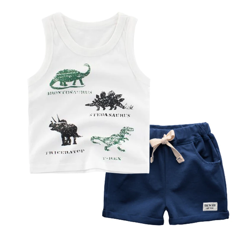 BINIDUCKLING Fashion Summer Baby Children Boy Clothes Set Sleeveless Vest+Shorts Dinosaur Cartoon Toddler Kids Clothing Set - Цвет: Navy