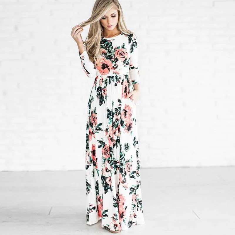 Uncinba осень 2017 г. длинное платье Для женщин с цветочным принтом длинными рукавами и