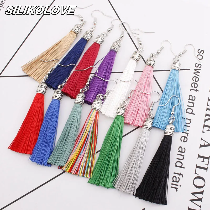 Винтажные этнические длинные серьги с кисточками геометрические многоцветные