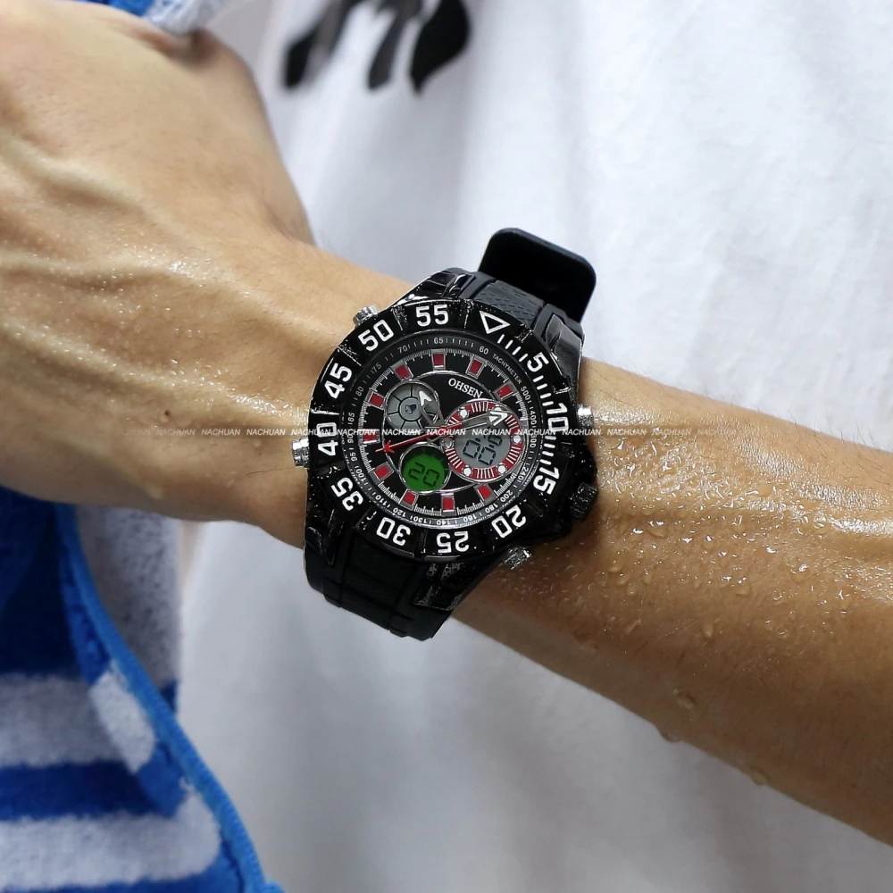 Бренд Ohsen Для мужчин мальчиков красный аналого цифровой ЖК дисплей Dual Time Дата