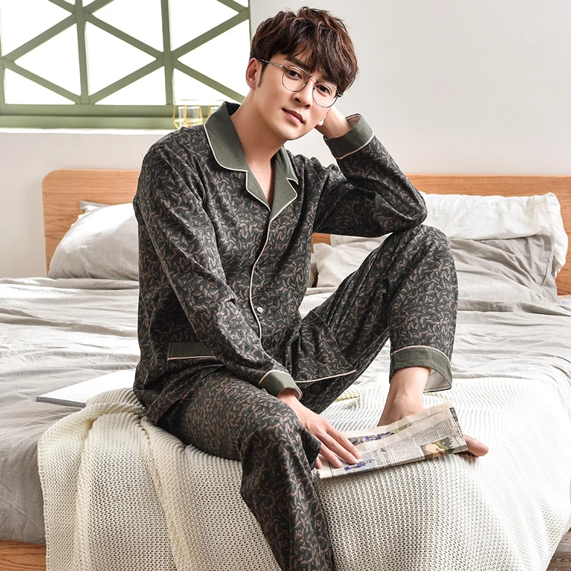 Мужская пижама с длинным рукавом мягкая армейская зеленого цвета из 100% хлопка на