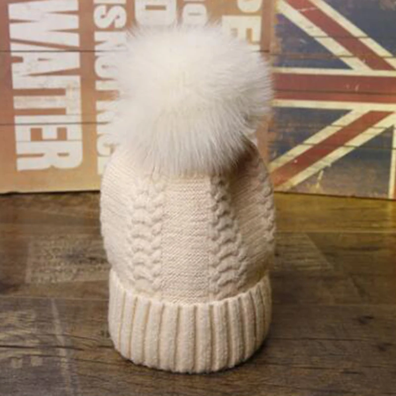 Модные новые помпоны из лисьего меха и норки, 15 см, Skullies Beanies, шапки для женщин и детей, зимние однотонные шерстяные теплые шапки Skullies Beanies