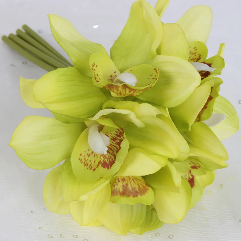Настоящее прикосновение cymbidium 6 головок короткая съемка украшение стола цветок DIY Свадебные невесты ручной цветы домашний декор искусственная Орхидея