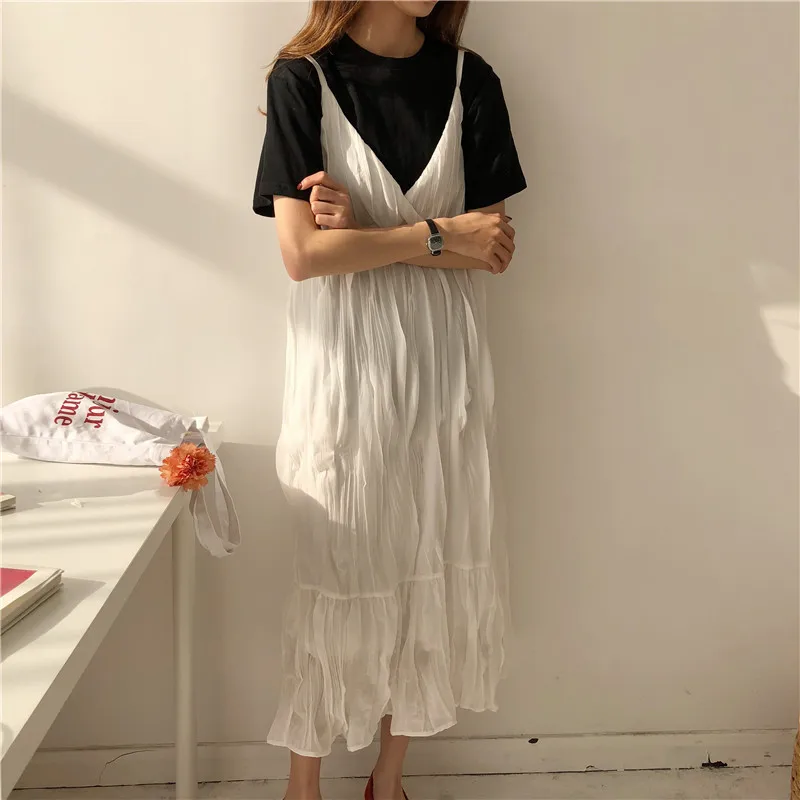Fishtail Sleeveless Pleated Dress Casual Loose V Neck Vintage Women Sweet Long Summer Streetwear White Beach Chiffon | Женская одежда