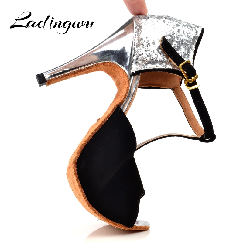 Ladingwu Dance Shoes Latin Women Black Flannel and Silver Glitter Ballroom Salsa Woman sandals for dance Heels 10cm | Спорт и