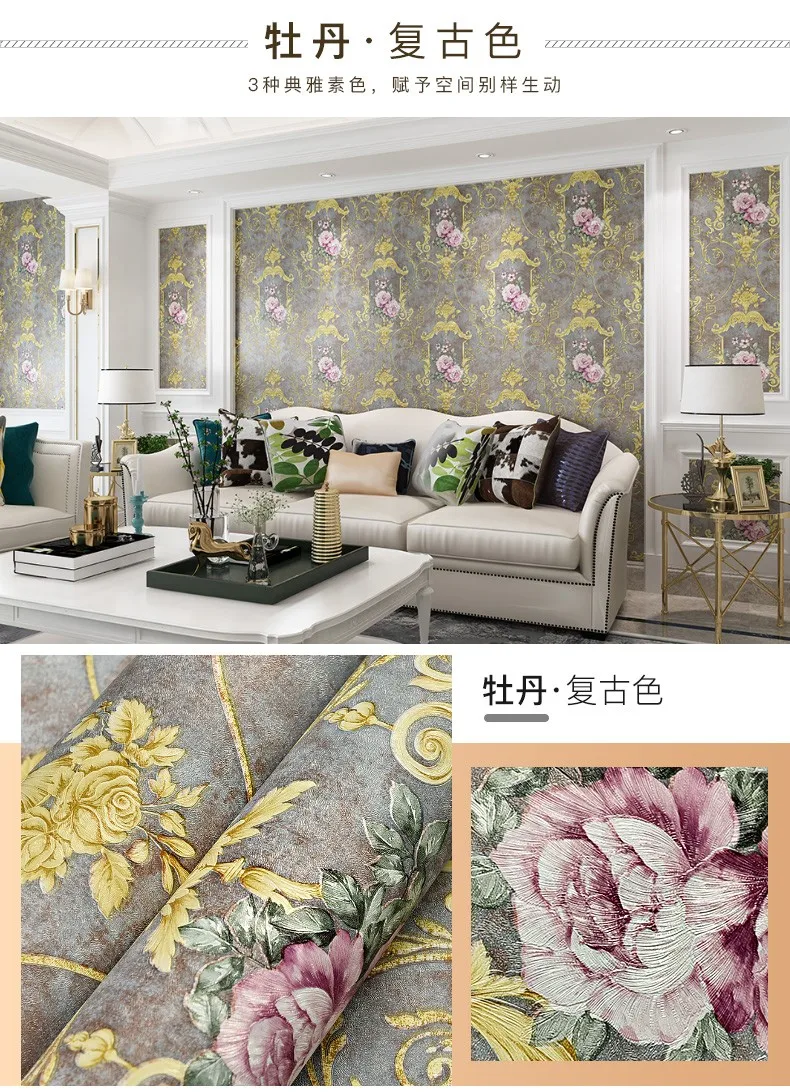 

10m Length Extra Thicken Vintage Big Flower Wall Paper 3d Living Room Home Decor Self Adhesive Waterproof Wallpaper roll