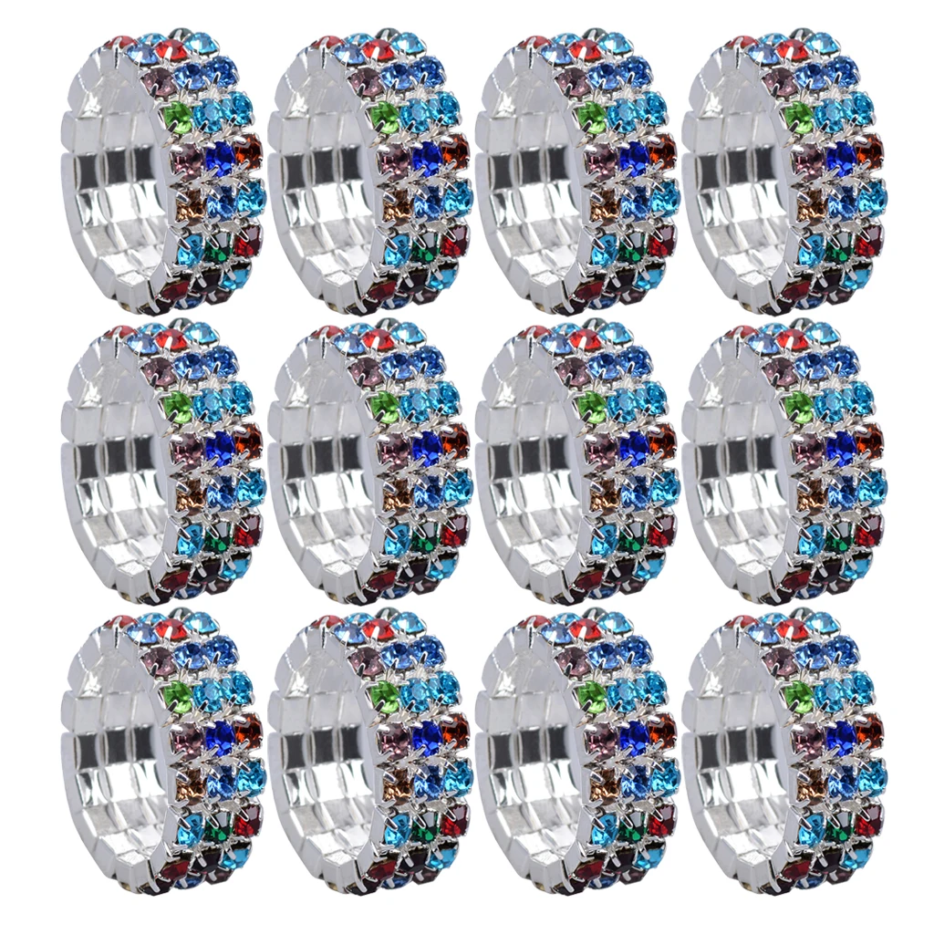

Phenovo 12 Pieces 12pcs/Pack Sparkle Triple Row Rhinestone Luxury Wedding Elastic Stretch Ring Fashion Jewelry