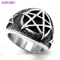 amumiu stainless steel pentagram man finger ring star circle punk rock style personality cool street style top quality r017