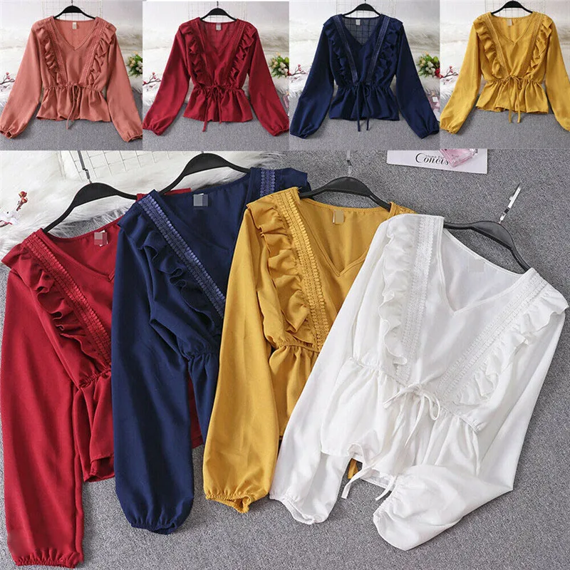 Hot Sale 2019 Women Summer Ladies Casual V Neck Ruffle Tie Chiffon Loose Solid Shirt Tops Blouse New |