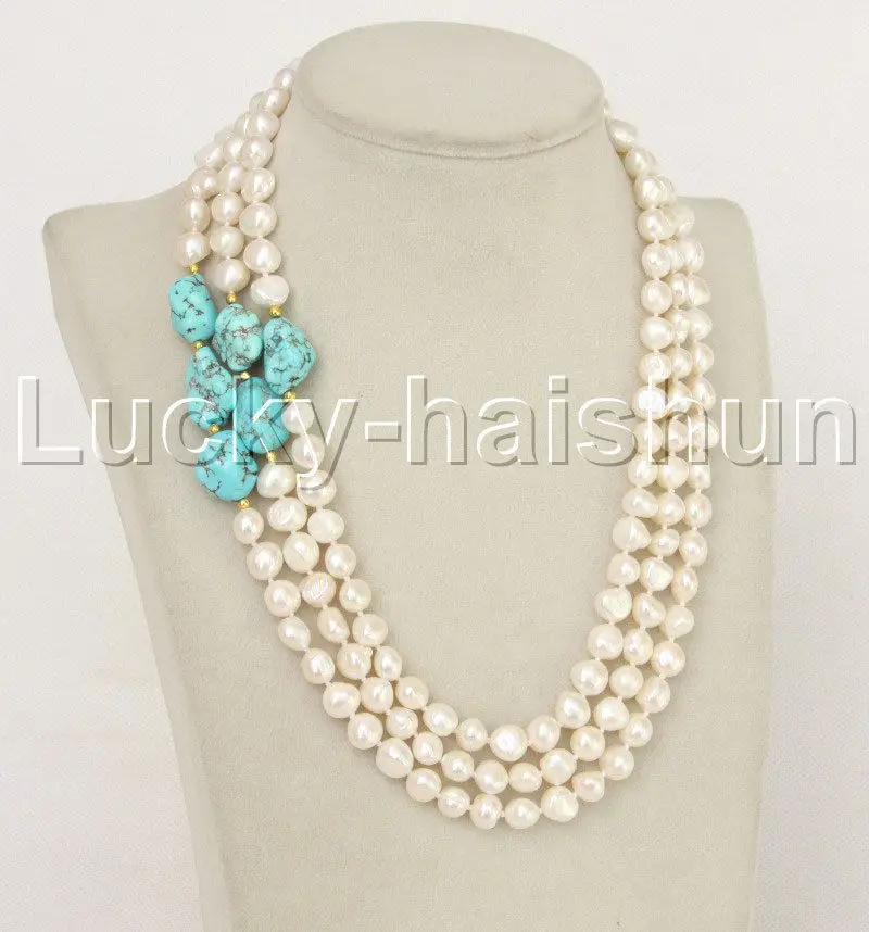 

natural 18" 3row Baroque white pearls green stone necklace