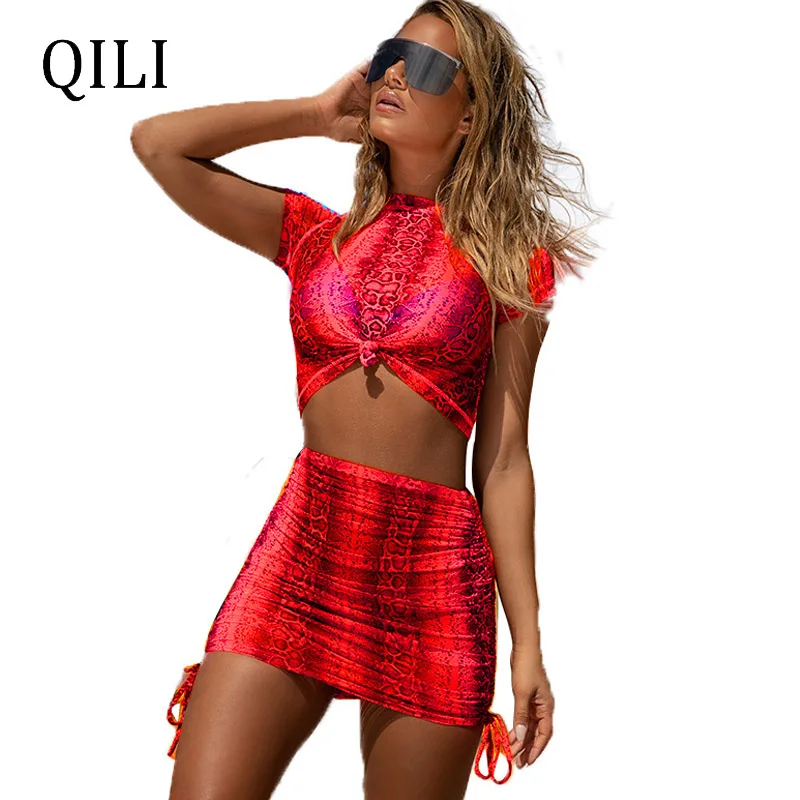 QILI/летнее платье с коротким рукавом и принтом комплект из двух предметов мини