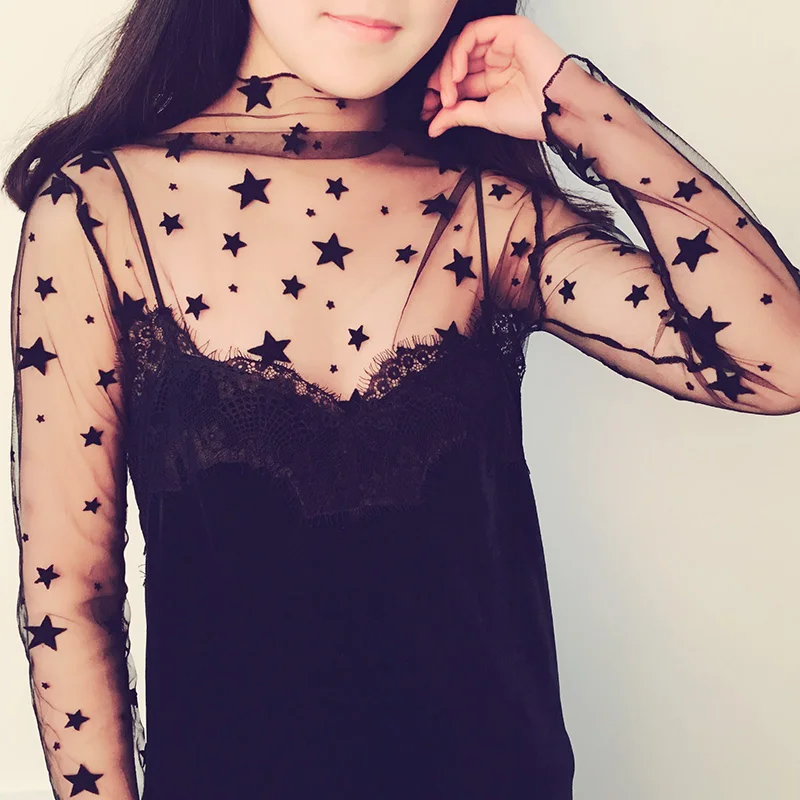 2019 сексуальные прозрачные футболки Женская водолазка сетчатая рубашка женские