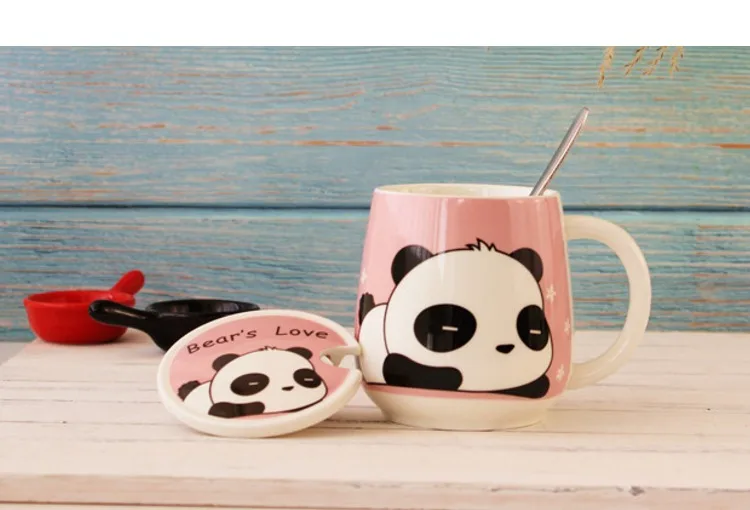 4 цвета Kawaii мультфильм панда кружки с ложкой керамическая чашка с крышкой бутылки для воды кружка для кофе, молока чай чашки любовник подарки на день рождения