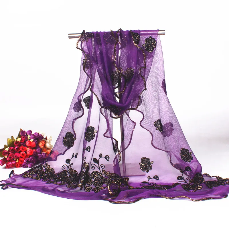 Лидер продаж фиолетовый цветок леди кашне Накидка женская вуаль кружевные шарфы