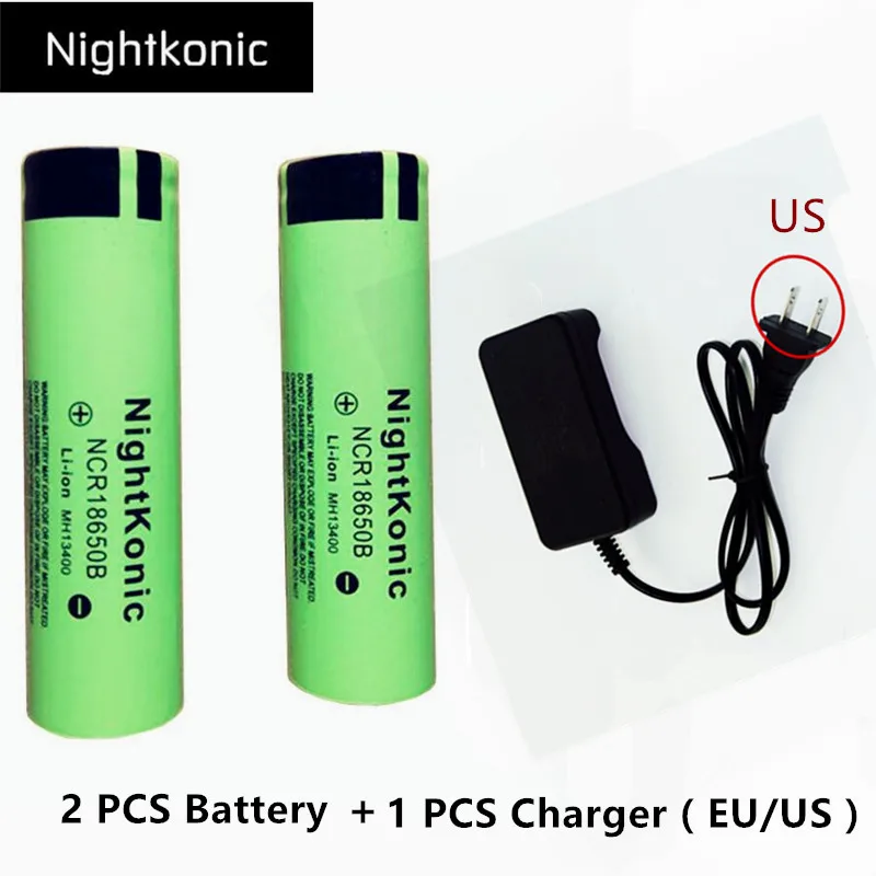 Original Nightkonic 2 Pieces/lot 18650 battery 3.7V Li-ion Rechargeable Battery 18650B + 1 PCS EU/US slot Charger | Электроника