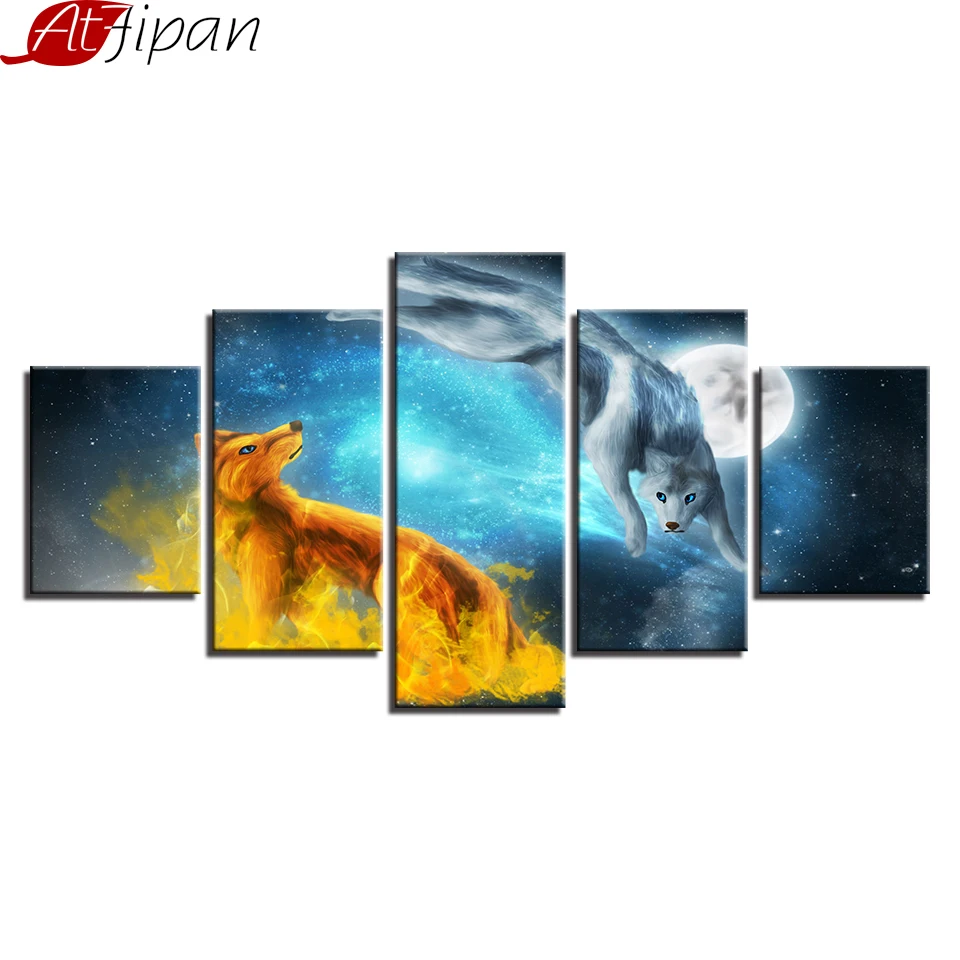 

AtFipan No Frame 5 Pieces Snow Fox Moonlit Night Paintings Abstract Fox Canvas Prints for Living Room Modular Wall Art Picture