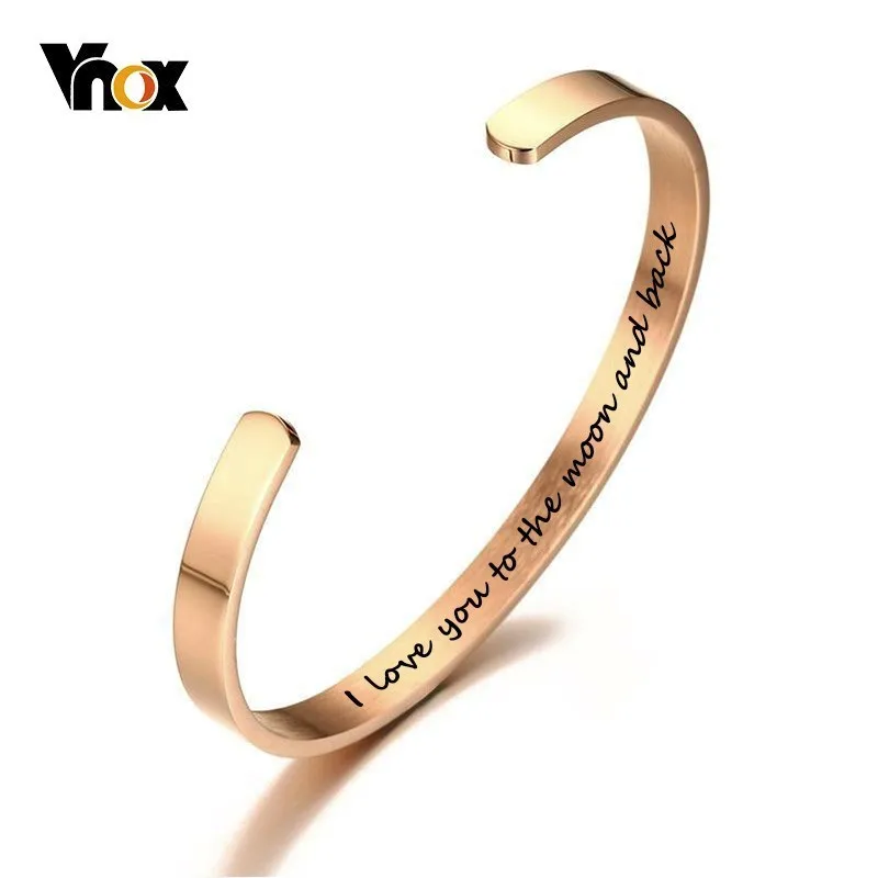 Vnox с надписью «I love you to the moon and back(мама я тебя браслеты манжетного типа Браслеты для Для женщин Для мужчин 6 мм Нержавеющая сталь в едином положении во время занятий легкой атлетикой, влюбленных, друзей подарок - Окраска металла: Покрытие из розового золота