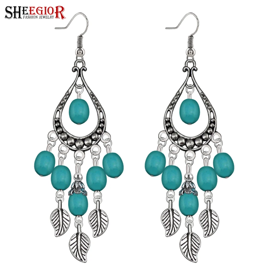 Висячие длинные серьги с листьями бирюзы для женщин аксессуары винтажные