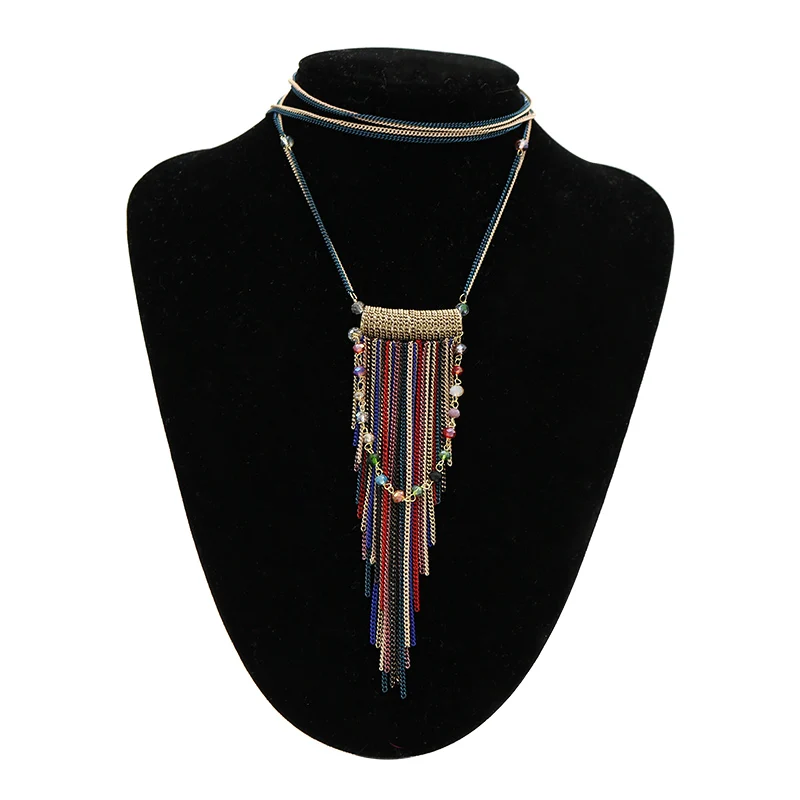 Этническая Длинная цепочка под свитер ожерелье Кристалл бисер кисточка ожерелья