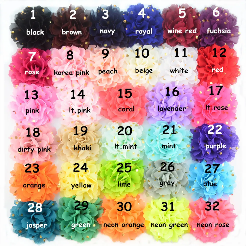 

60 pcs/lot , 10 cm " Summer color Gold Polka Dot chifffon Flower with Flat Back hair headband Accessories