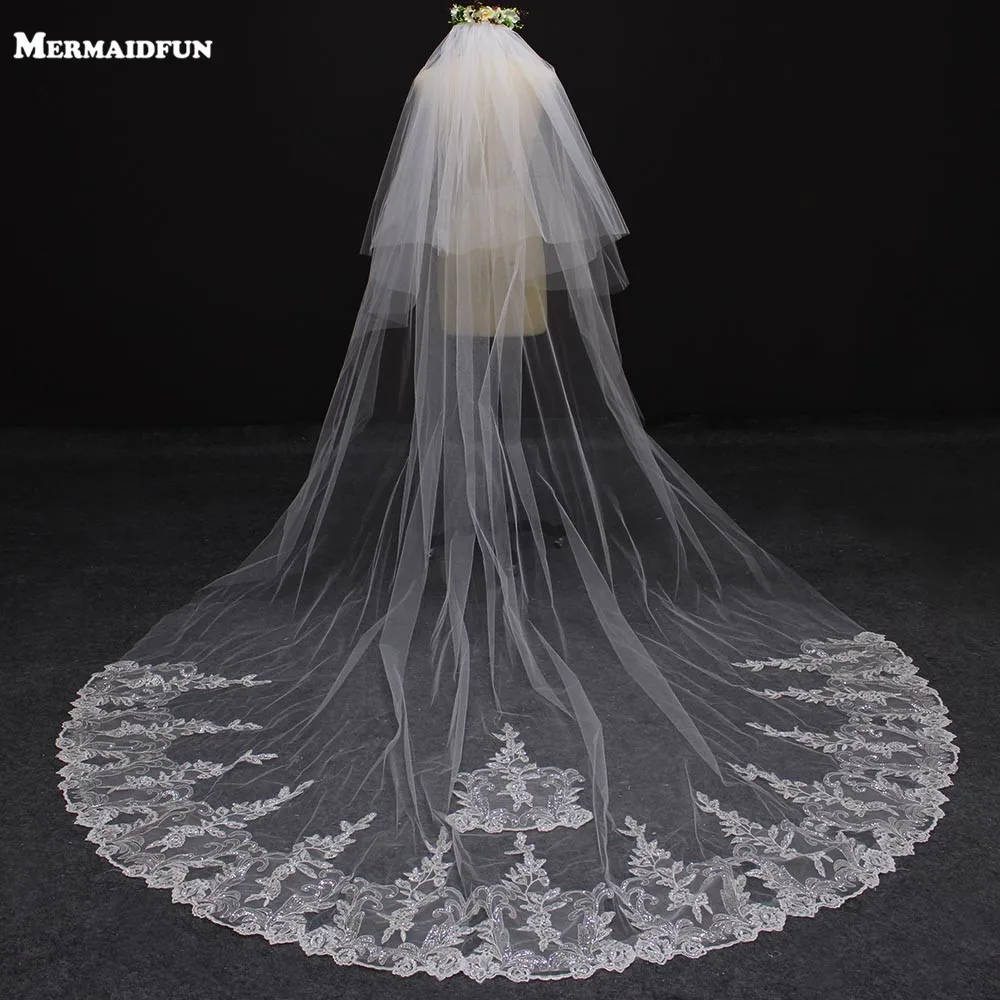 

Real Photos Sparkling Sequins Lace 2 Layers Long Wedding Veil 2 T White Ivory Bridal Veil with Blusher Comb Voile de Mariee