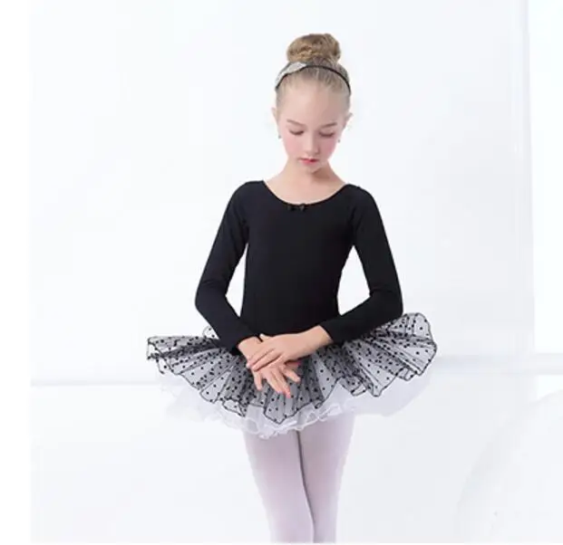 Black Long Sleeve Профессиональное балетное платье-пачка для девочек; Детские гимнастические трико с фатиновой юбкой; розовые танцевальные балетные костюмы с юбкой-пачкой в горошек - Цвет: Black Long Sleeve