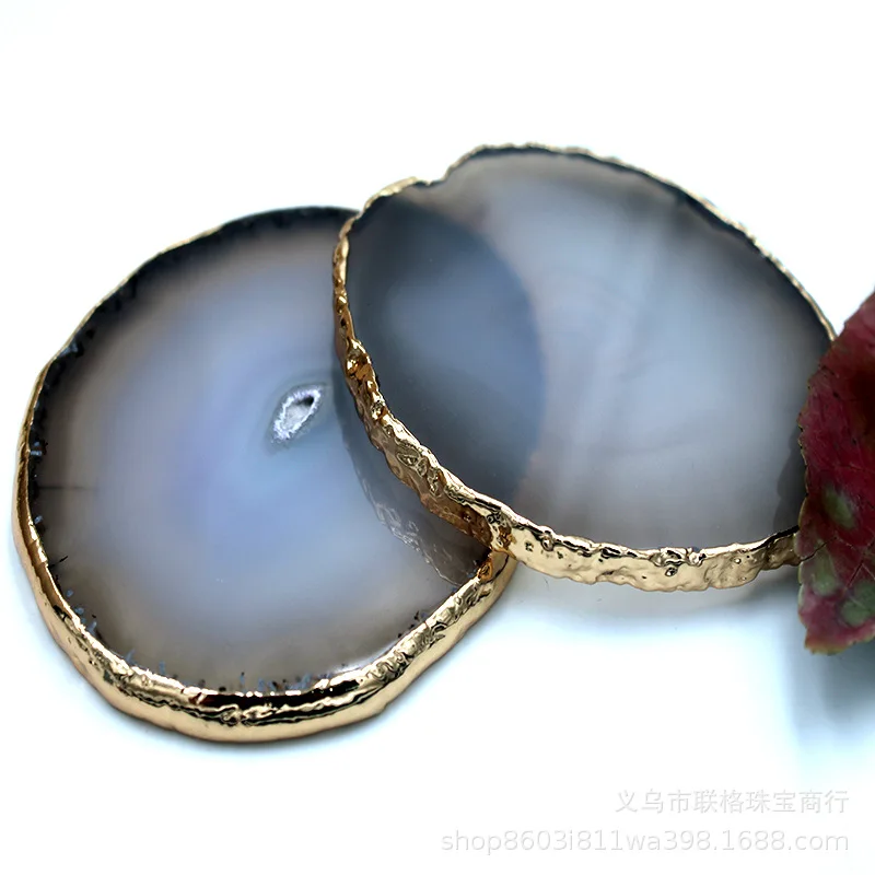 Натуральный Круглый Многоцветный Агат кусок гальванических золото сторона