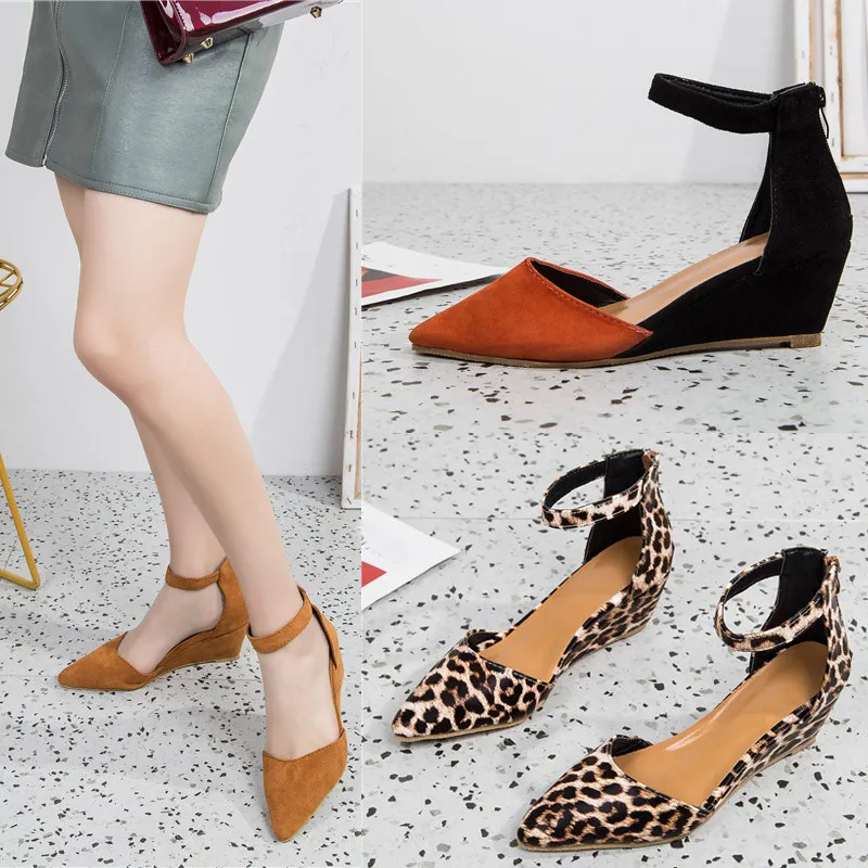 Women Wedge Ankle Strap Pumps Zipper Suede Leopard Pointed Toe Shallow Ladies Shoes Summer Plus Size Casual Sandals New Female