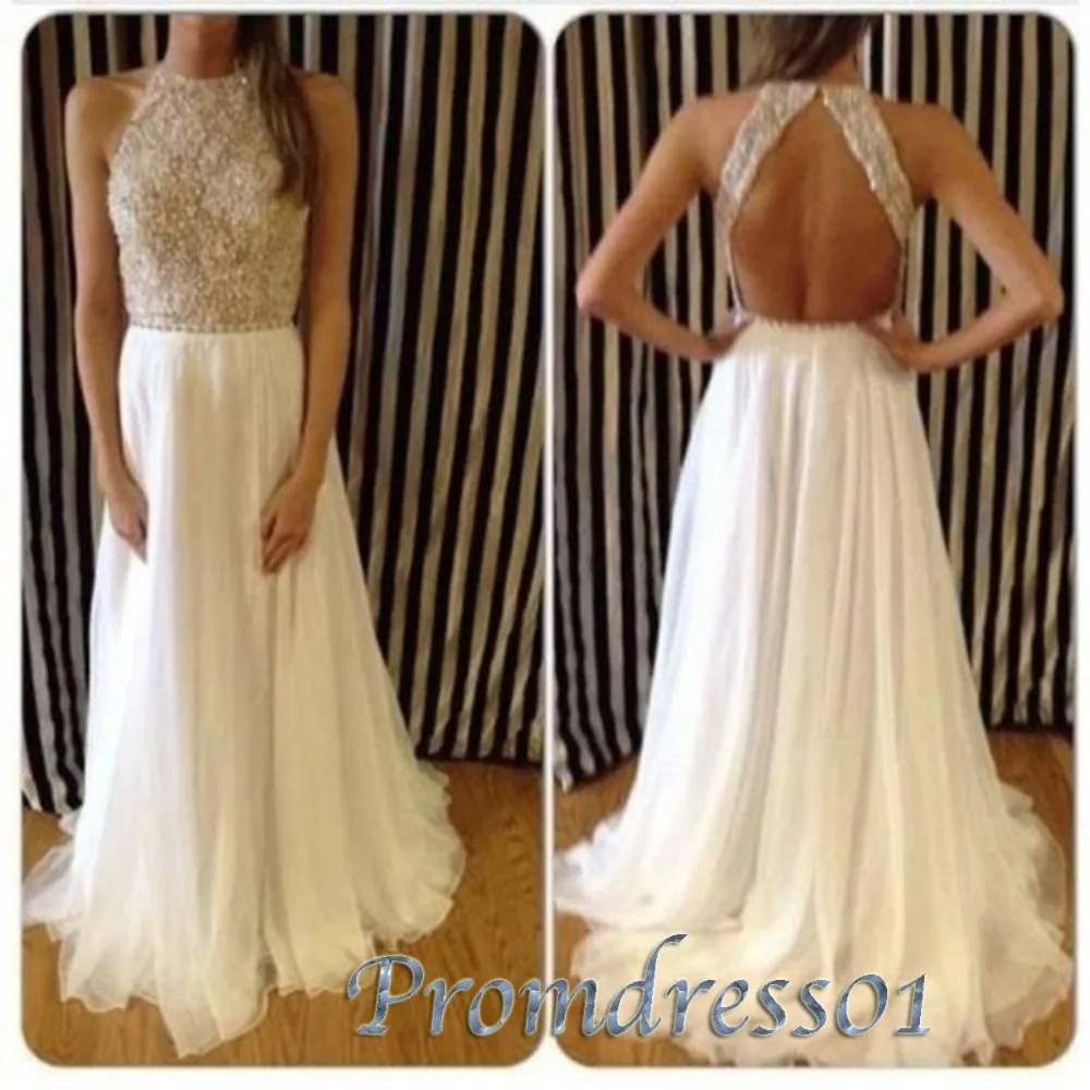 

Formal Party Evening Gown A Line Sweetheart Sleeveless White Sequined Backless Floor Length Chiffon Prom Dress