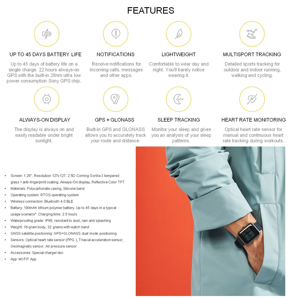 Amazfit Bip Смарт часы водонепроницаемые Bluetooth gps Спорт монитор сердечного ритма MiFit приложение будильник глобальная версия