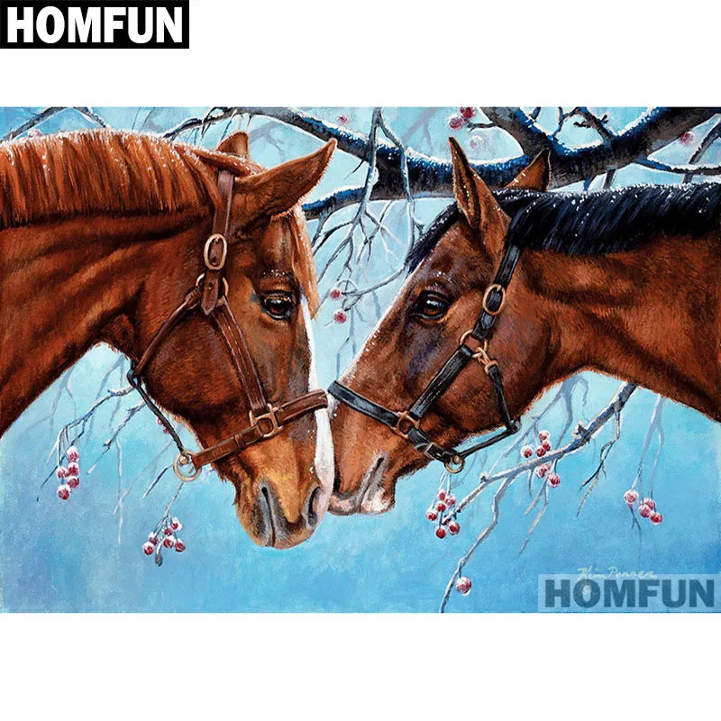 

HOMFUN Full Square/Round Drill 5D DIY Diamond Painting "Horse couple" Embroidery Cross Stitch 5D Home Decor Gift A01241