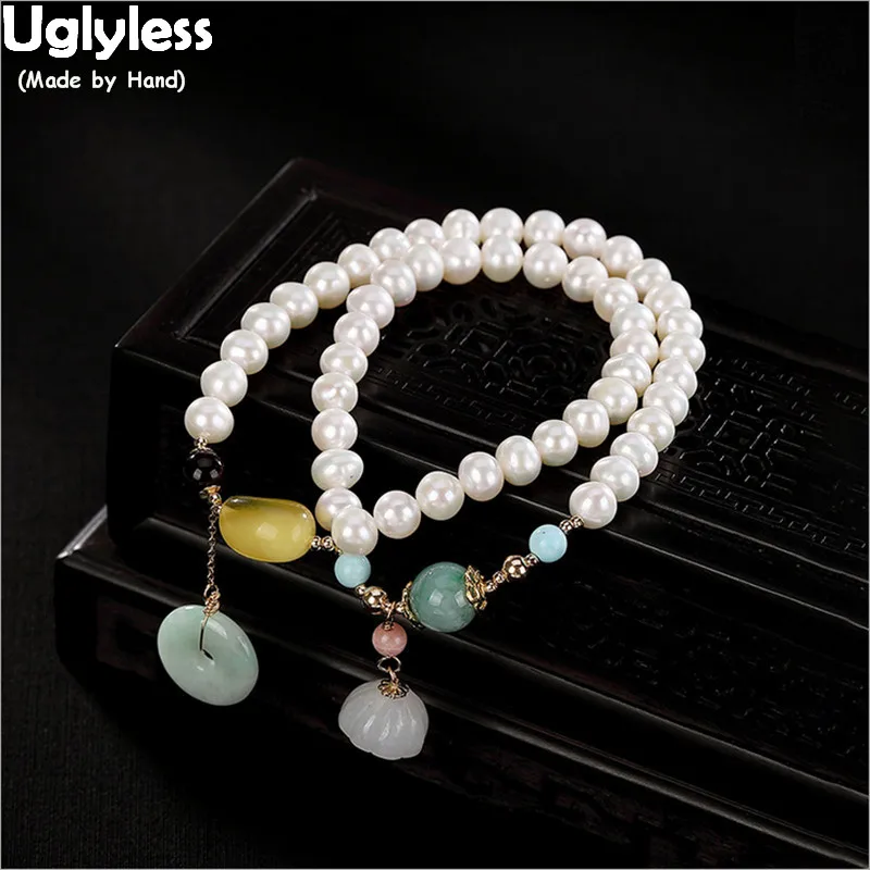 

Uglyless Pearls Bracelets for Women Elastic Rope Adjustable 2 Layers Bracelet Amber Jade Emerald 14K Filled Gold 9K Gold Jewelry