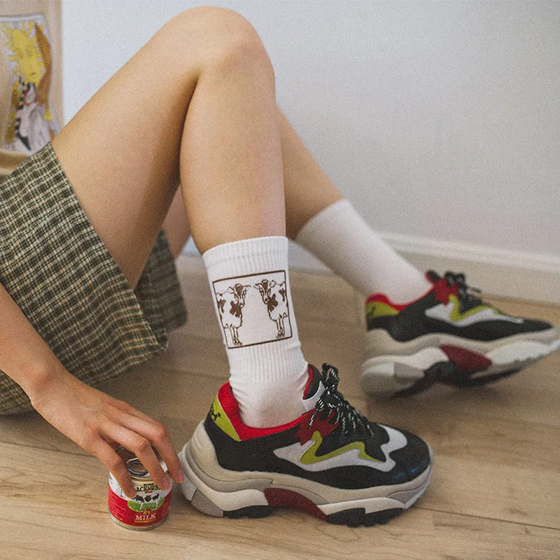 Harajuku Women Lunch Patterned Funny Skateboard Socks Cotton Ankle Vintage Cartoon Casual Girls Japanese Summer Socks Cartoon