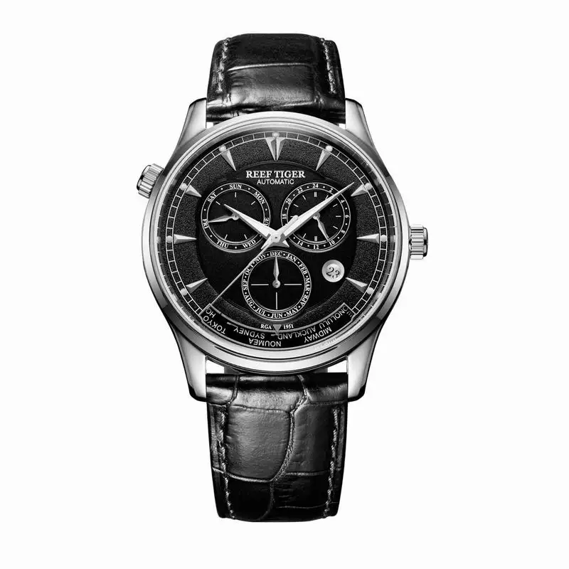 Reef Tiger/RT Мужские автоматические часы World Time Дата день месяц розовое золото кожа спортивные многофункциональные водонепроницаемые часы RGA1951 - Цвет: RGA1951YBB