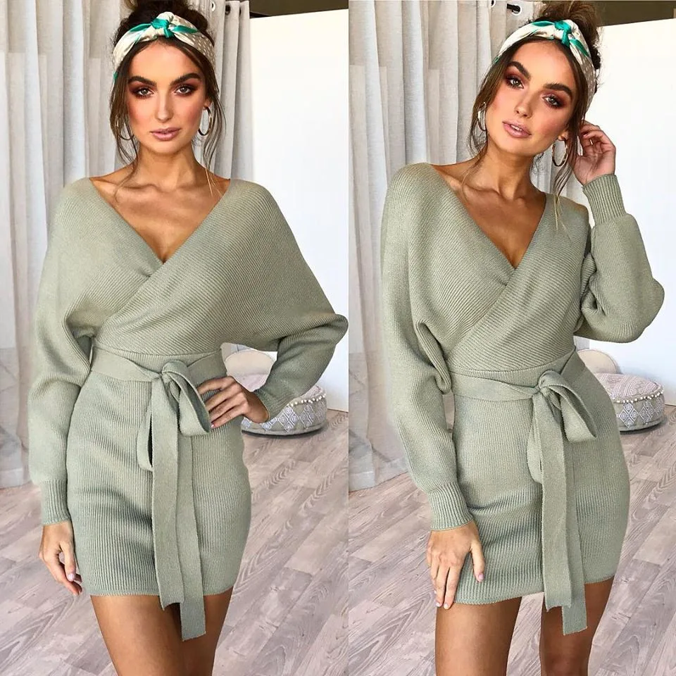 Getvouge Для женщин перевязанной зимние свитера одежда с длинным рукавом v-образным