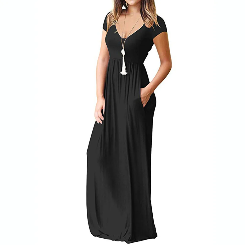 Летнее женское платье 2019 женские платья повседневное однотонное длинное макси с