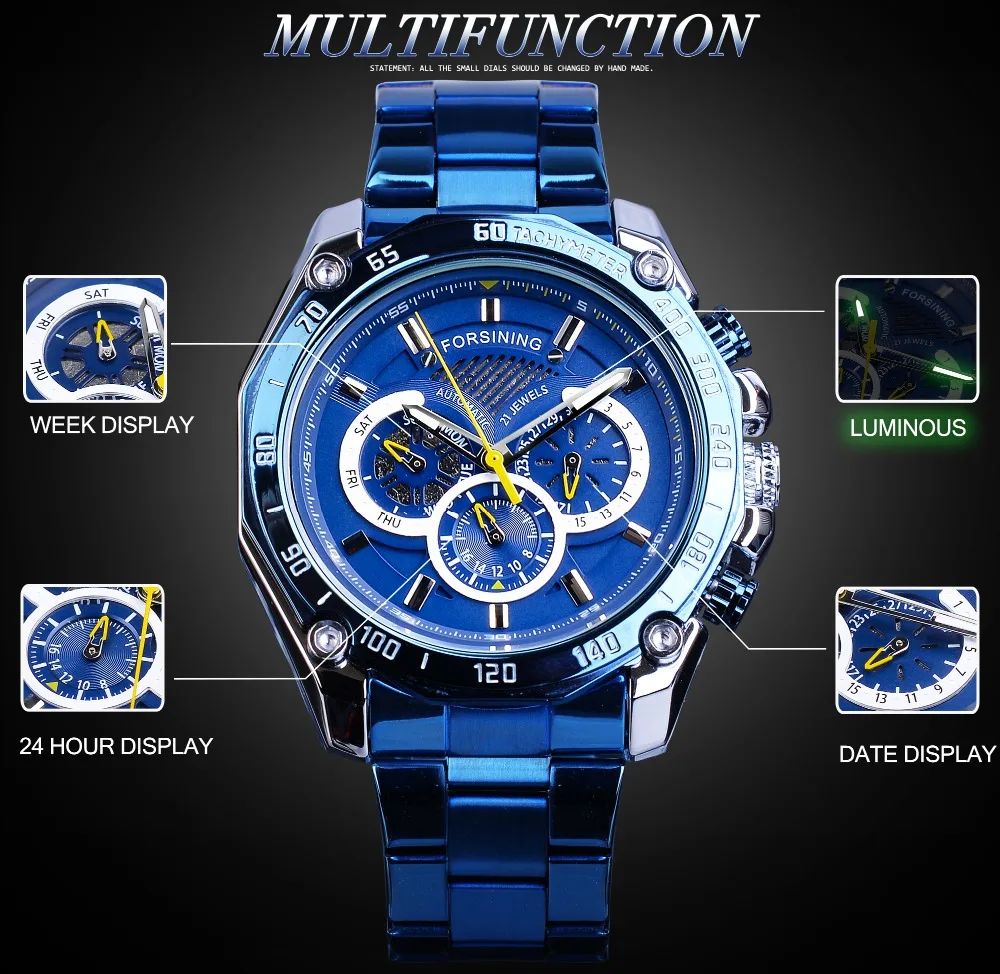 Forsining New Mens Blue Mechanical Watch Fashion Automatic Date Male Business Stainless Steel Wristwatch Relogio Masculino
