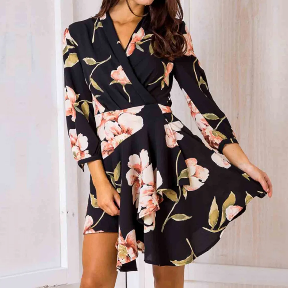 Женское мини платье в стиле бохо пляжное с цветочным принтом и рукавом 3/4|Женские
