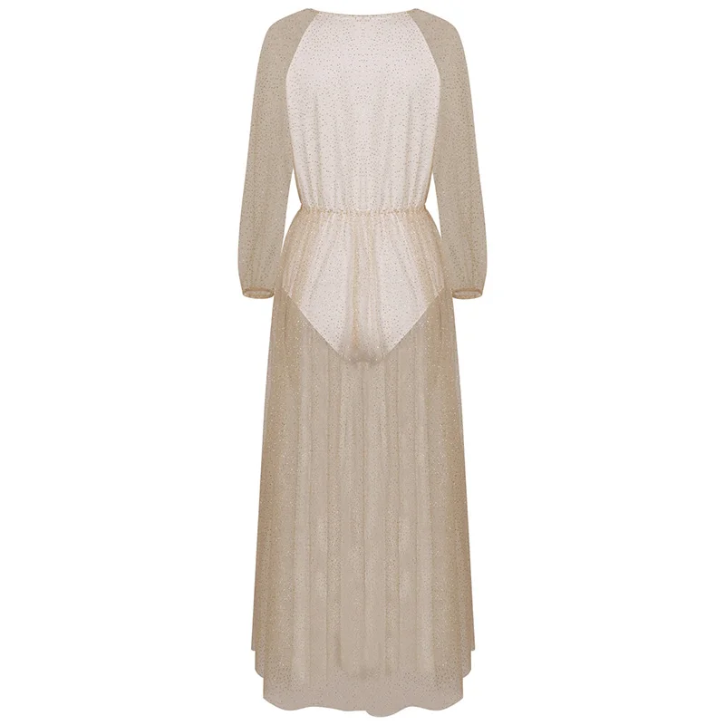WYHHCJ, vestidos, Сетчатое платье с блестками, женское платье с глубоким v-образным вырезом, весна/осень, платье с длинным рукавом, Элегантное длинное женское платье для вечеринок