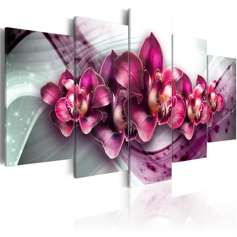 

5 Pieces Colorful Modern Canvas Painting Purple Flowers Painting Wall Art Red Blossom Poster Living Room Home Decoration