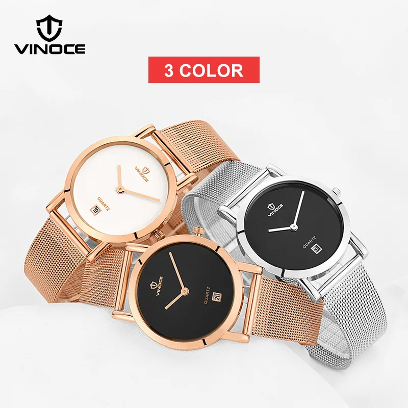 Женские кварцевые часы VINOCE розовое золото нержавеющая сталь браслет женские