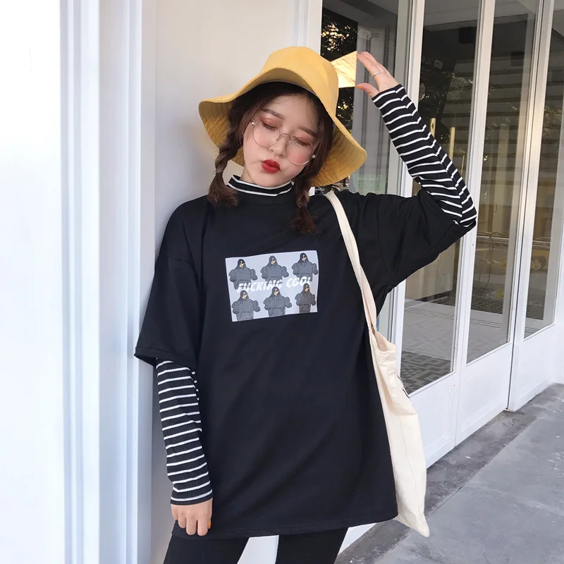 Harajuku/футболка с длинными рукавами, Весенняя новинка, kpop, Женский Топ, ulzzang, свободная, дикая, повседневная, с высоким воротом, поддельная, из двух частей, футболка, S-2XL