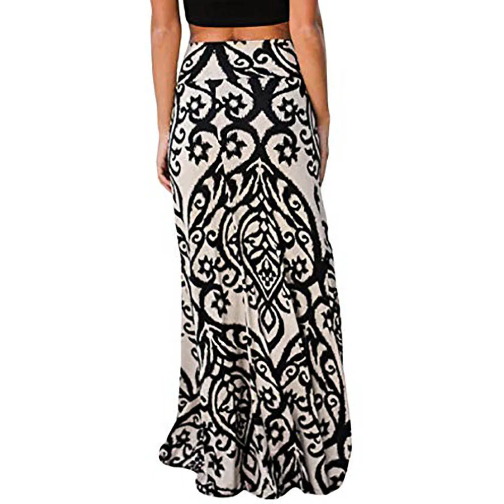 Ladies Printed Empire Floor-Length Skirt Fashion Womens Vintage Casual Coral Print High Waist Skater Skirt Long Maxi Skirt#C