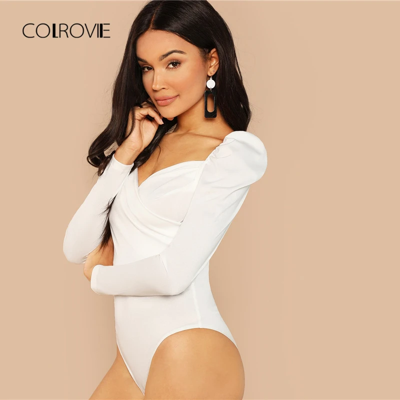 COLROVIE, Одноцветный, с рюшами, с пышными рукавами, обтягивающий, белый, боди, для женщин, осень, с длинным рукавом, сексуальный, для офиса, женский, базовый, боди