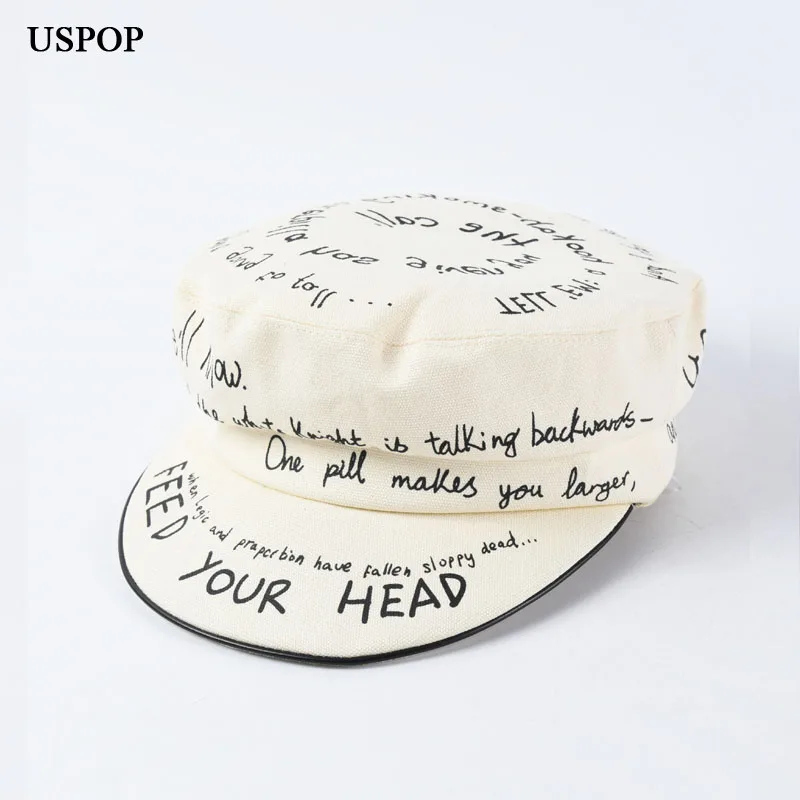 

USPOP women100% cotton newsboy caps Letter graffiti soft brim visor cap fashion flat military caps octagonal hats spring caps