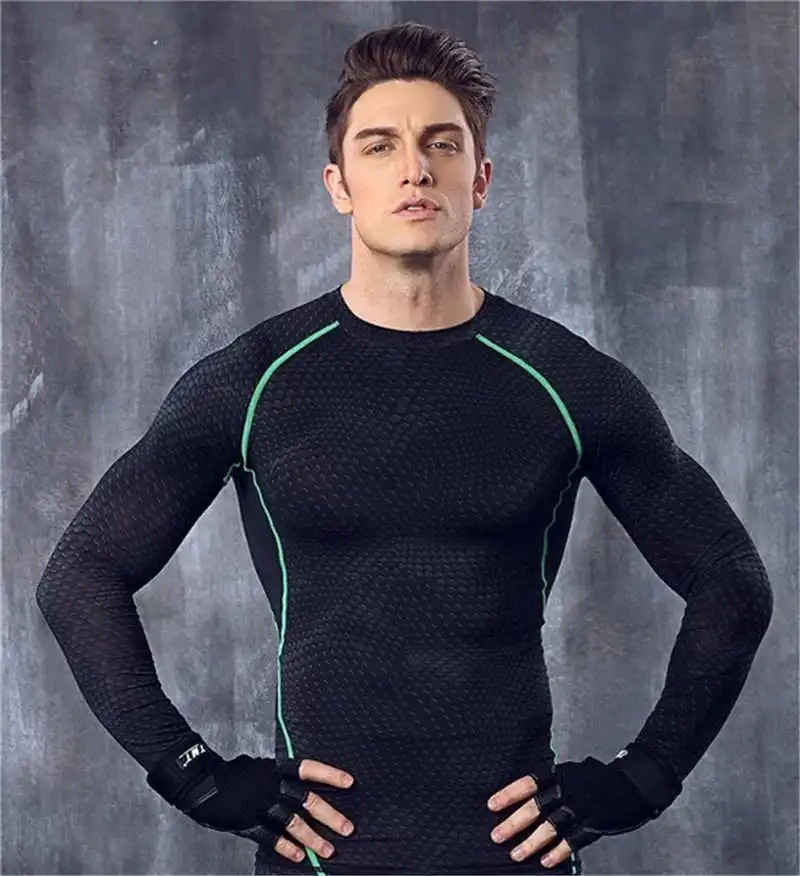 Tops Green Для мужчин быстросохнущие компрессионные кальсоны 3D комплект из двух предметов фитнес зима Мужчины Весна Осень Спорт Бег тренировки термобелье - Цвет: Tops Green