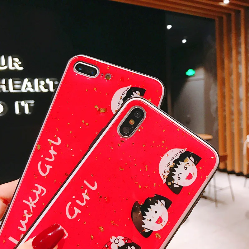 glitter epoxy Soft Case for iPhone 7 8 Plus 6 6s X XR XSMAX skid resistance cartoon redness case Chi-bi Maruko Cover |