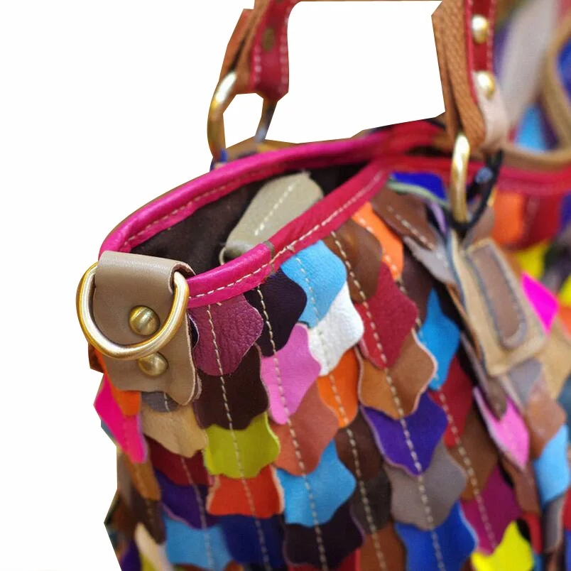 Сумка-тоут женская из натуральной кожи черная цветная большая сумка-мессенджер