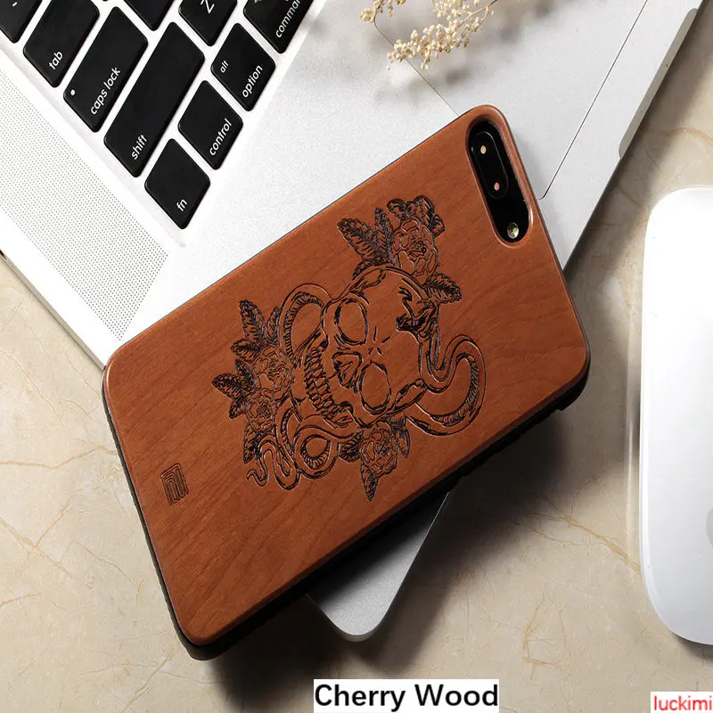 For iphone 8 plus case 6 7 6S skull peach cherry wood Bamboo carving Nature Material phone cover |